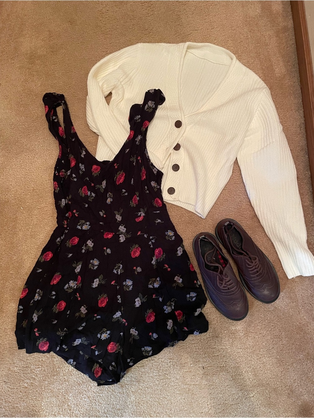 American Eagle Outfitters Romper with Amazon sweater and SO shoes